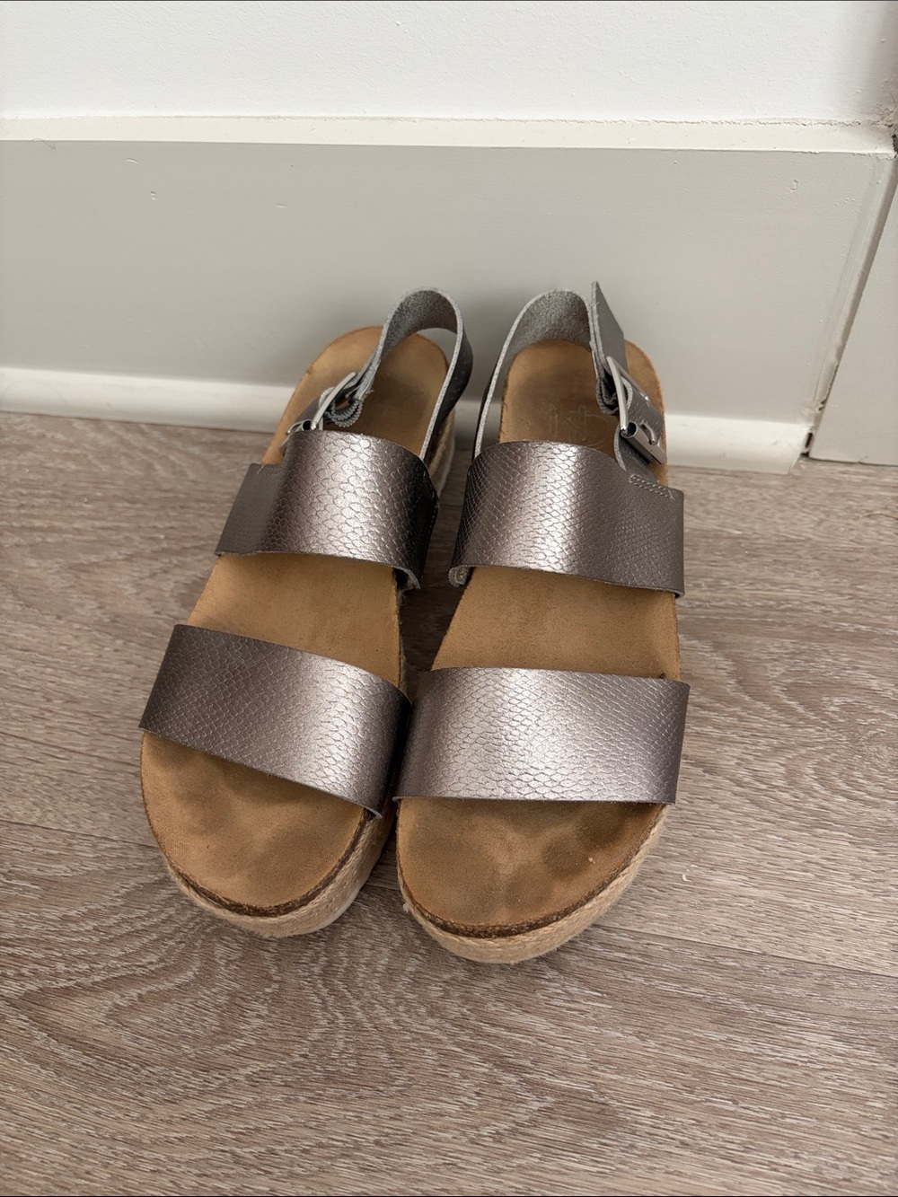 new directions Metallic Pewter Strappy Slingback Sandals